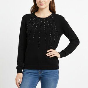 Vintage Black Merino Wool Sweater with Silver Beads Sequins Italy Lightweight